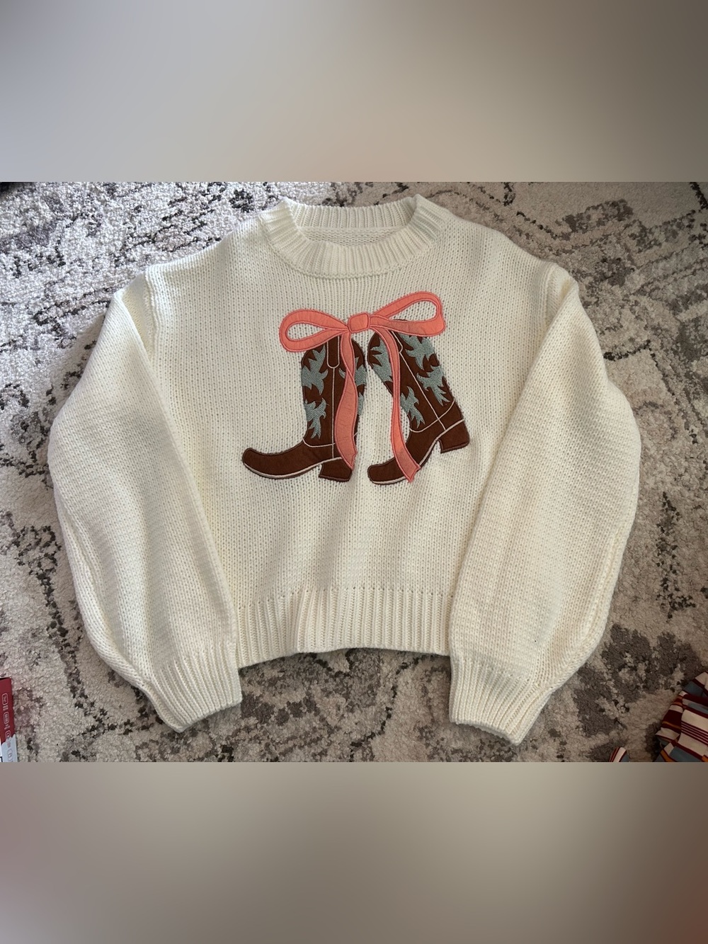 Women’s Cream Sweater with Western Boot Applique